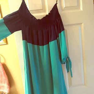 Off the shoulder teal/navy dress